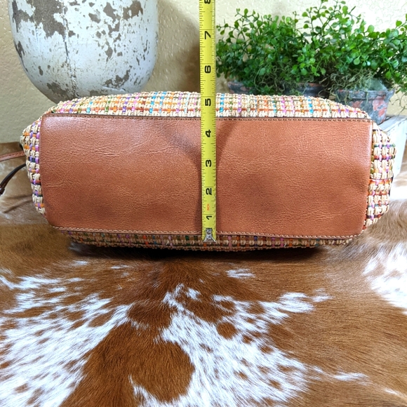 Fossil Pastel Basket Weave Straw Wood Handle Leather Trim - Picture 4 of 7